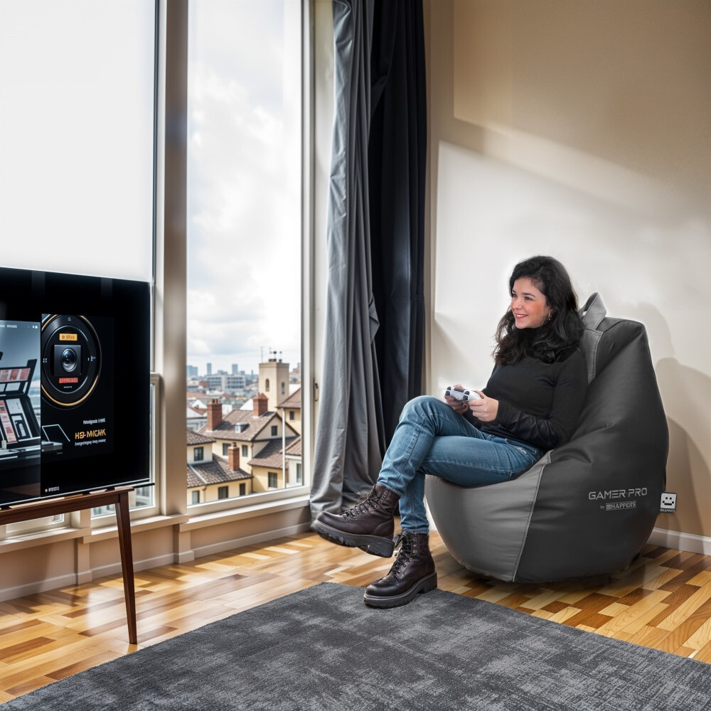 Pouf Gaming PRO in Similpelle Grigio XXL. Ideale per giocare con la tua Playstation, Xbox, Wii. (1)